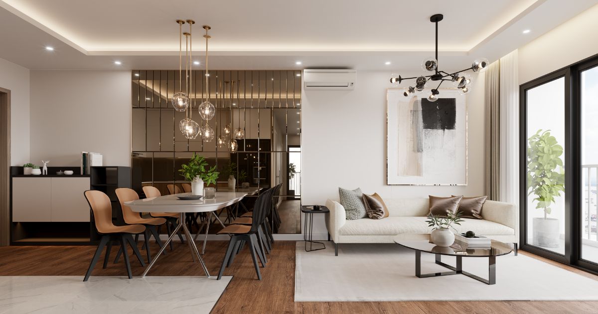 Modern Feng Shui workspace with wooden dining table and chairs, mirrored kitchen partition, white sofa, pendant lights, abstr