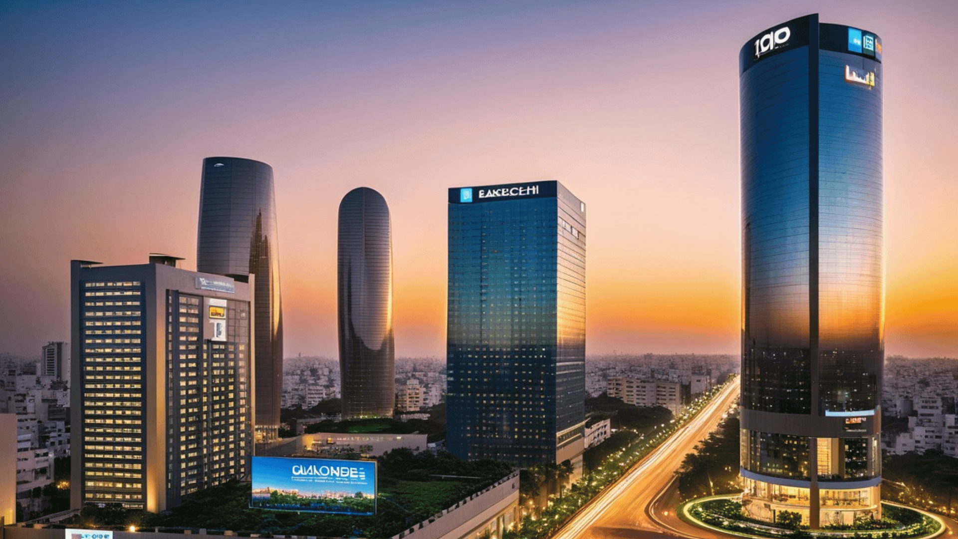 Karachi skyline at sunset with modern skyscrapers, Bank Alfalah, HBL towers, and roundabout traffic