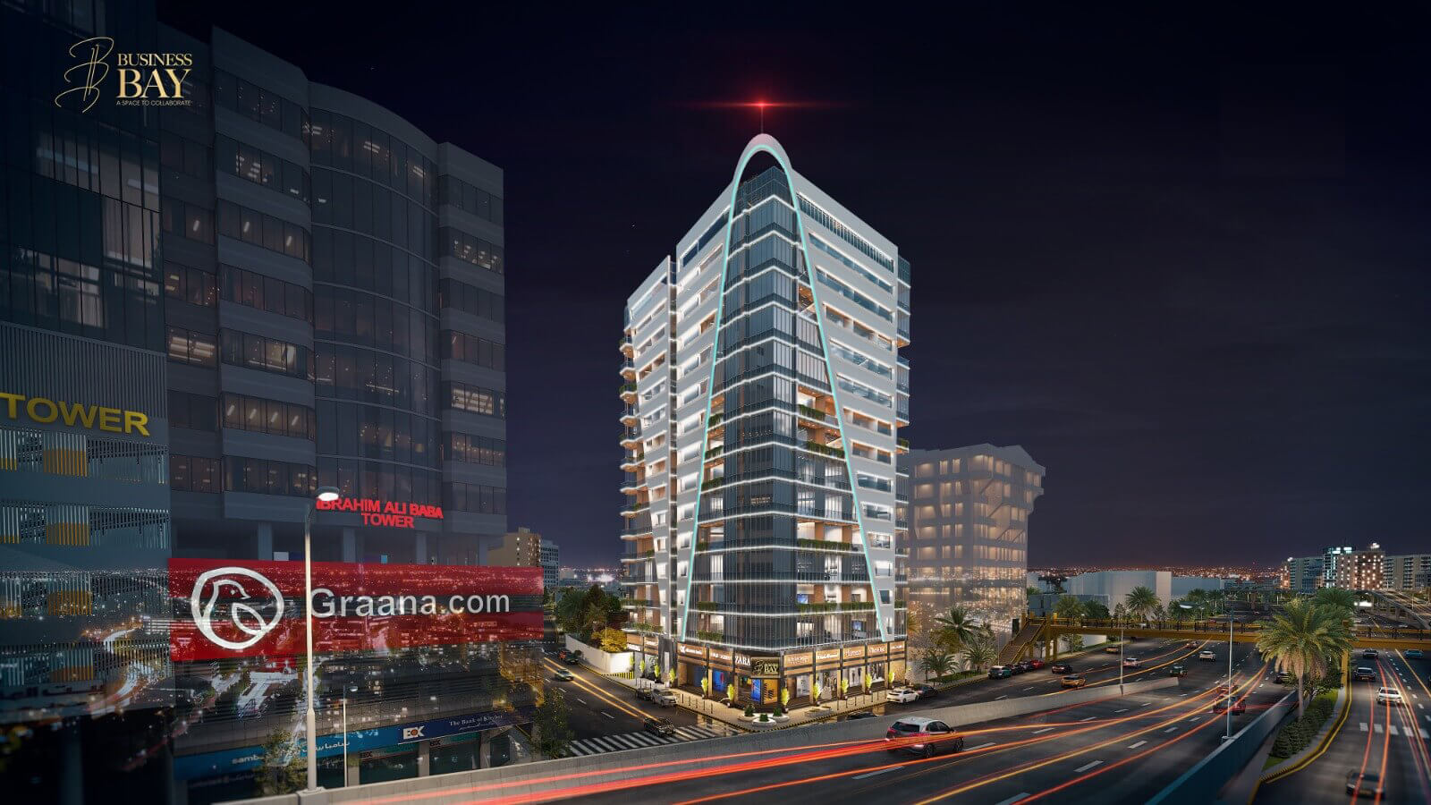 Business Bay office tower on Shahra-e-Faisal, Karachi, modern curved glass high-rise at night with urban lights and traffic