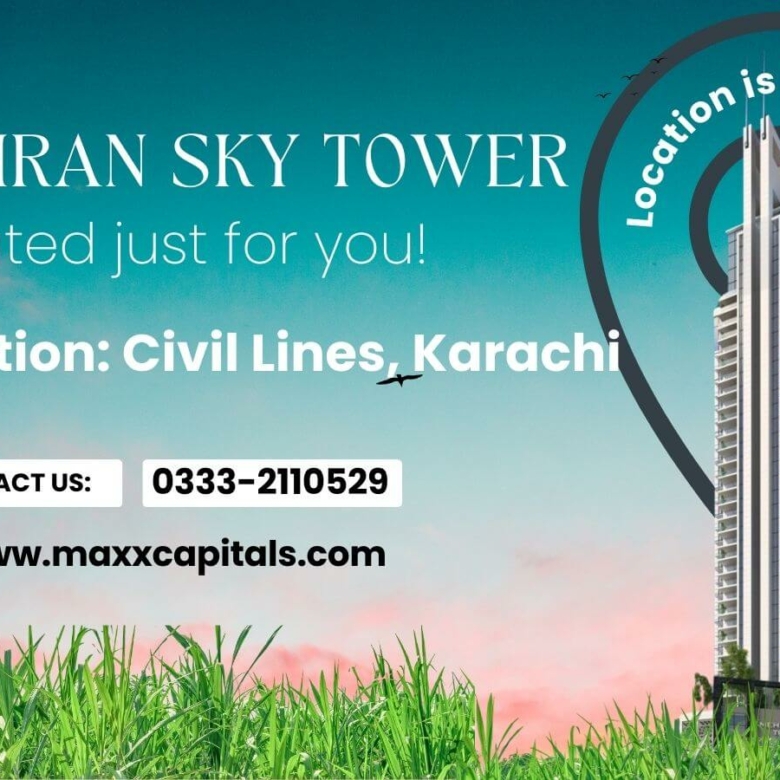 Mehran Sky Tower luxury high-rise in Civil Lines, Karachi, with sunset skyline and contact details.
