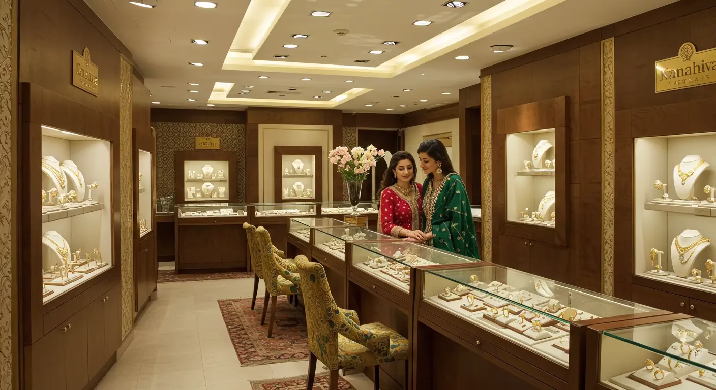 Luxury jewellery store in Karachi displaying gold and diamond pieces, with a high networth family browsing, set against elegant decor with traditional Pakistani motifs