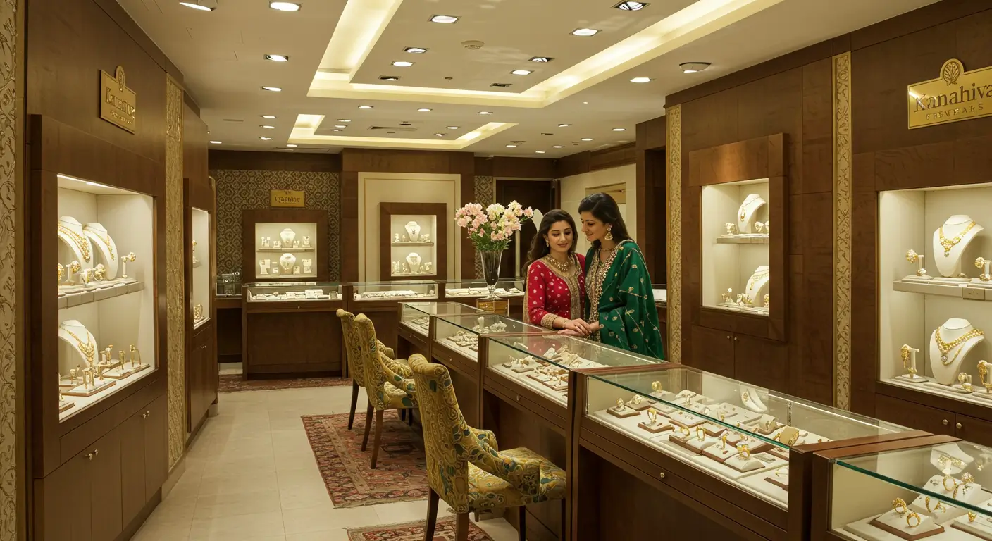Luxury jewellery store in Karachi displaying gold and diamond pieces, with a high networth family browsing, set against elegant decor with traditional Pakistani motifs