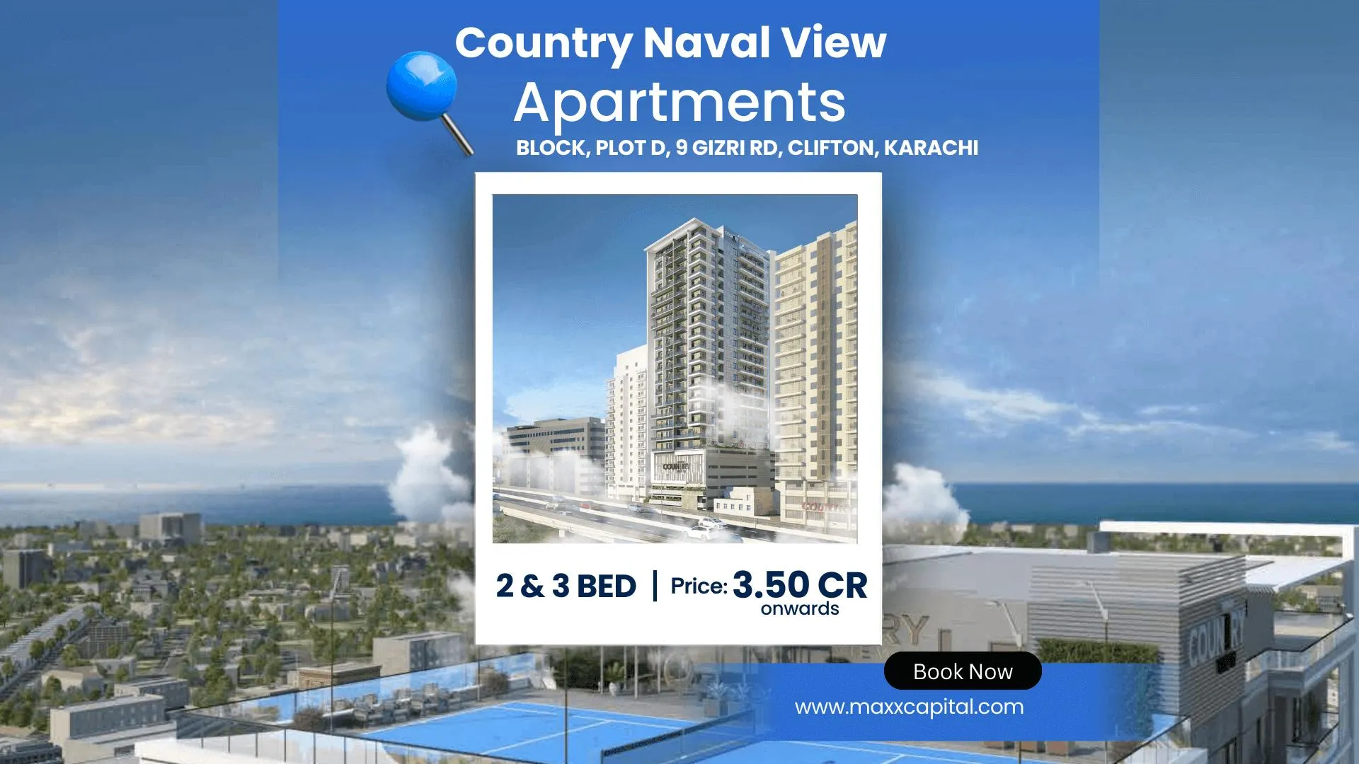 Modern high-rise apartments at Country Naval View in Clifton Karachi with panoramic sea and city views