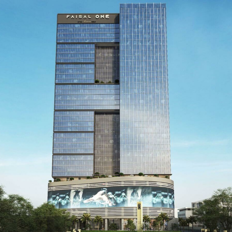 Modern exterior elevation of Faisal One Metropole Near Shahra-e-Faisal Karachi, showcasing sleek corporate office architecture by Riveria Group for MaxX Capitals Real Estate Experts.