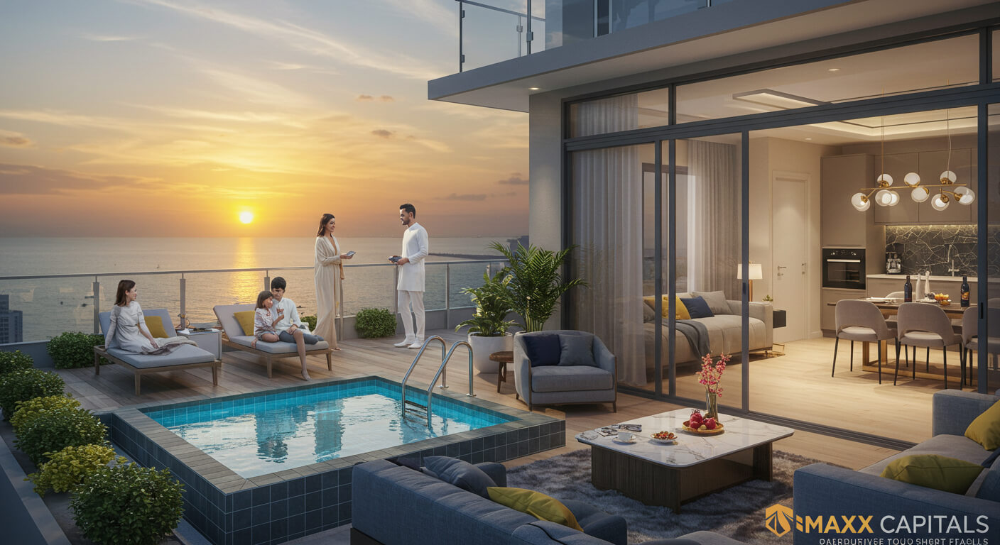 Luxury penthouse rooftop with infinity pool, lounge seating, ocean sunset view, MAXX Capitals
