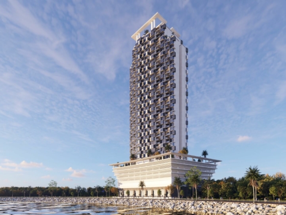 Saima Marina Residence high-rise tower in DHA Phase 8 Karachi seafront with modern balconies palm trees and waterfront promen