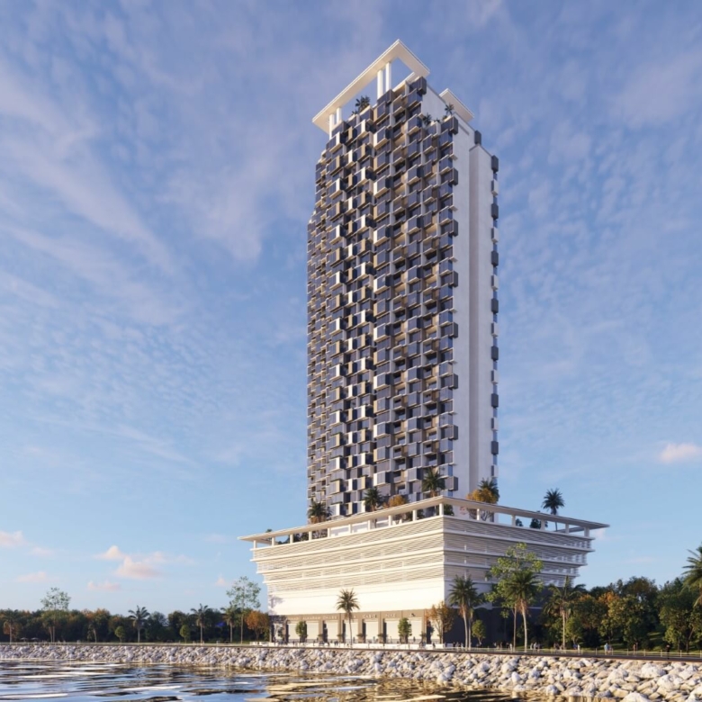 Saima Marina Residence high-rise tower in DHA Phase 8 Karachi seafront with modern balconies palm trees and waterfront promen