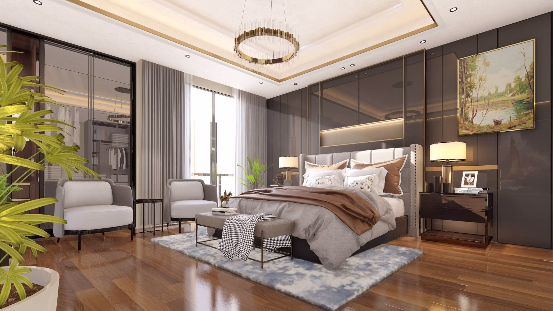 Luxury bedroom with cozy furnishings in Saima Marina Residence, DHA Phase 8, Karachi