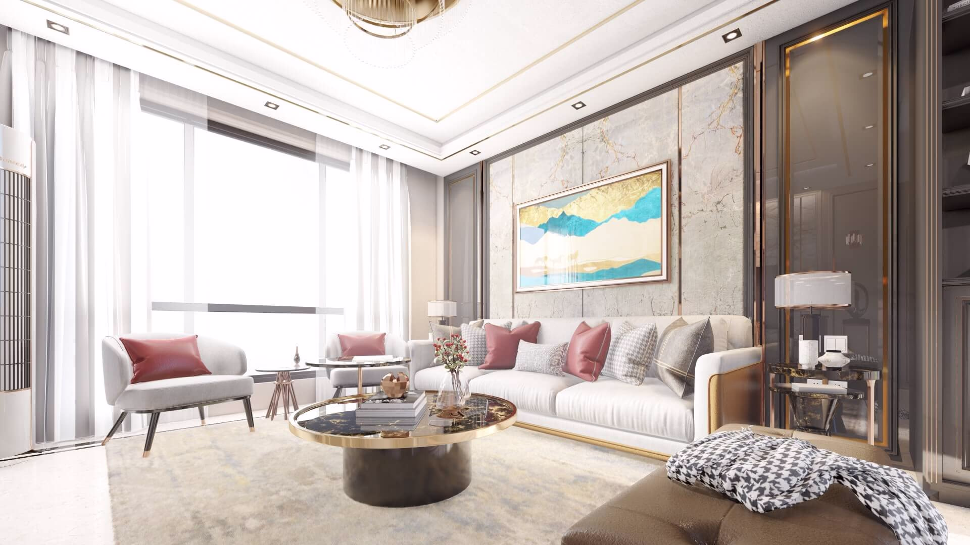 Spacious drawing room with modern decor in Saima Marina Residence apartment, DHA Phase 8, Karachi