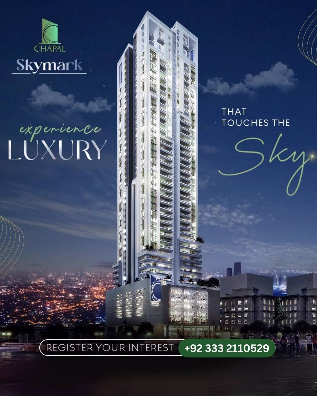 Chapal Skymark 50-storey luxury tower glowing at dusk with city skyline backdrop