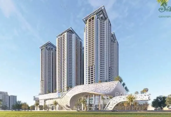 Three modern high-rise towers and futuristic curved entrance at Saima Center Point in Karachi, with palm trees and landscaped
