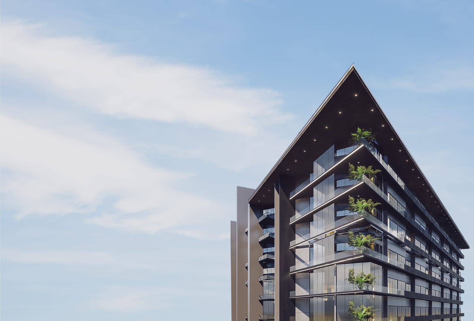 Sleek angular luxury off-plan high-rise in Lahore with glass facades, green planters, and modern roofline