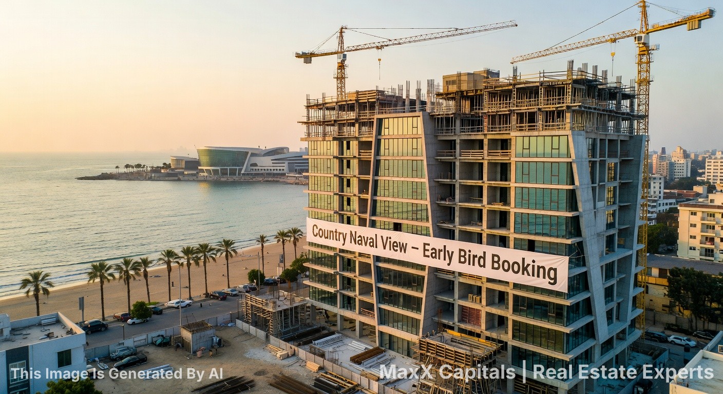 Aerial view of Country Naval View Clifton under construction, twin towers with cranes overlooking sea, beach, palm trees in K