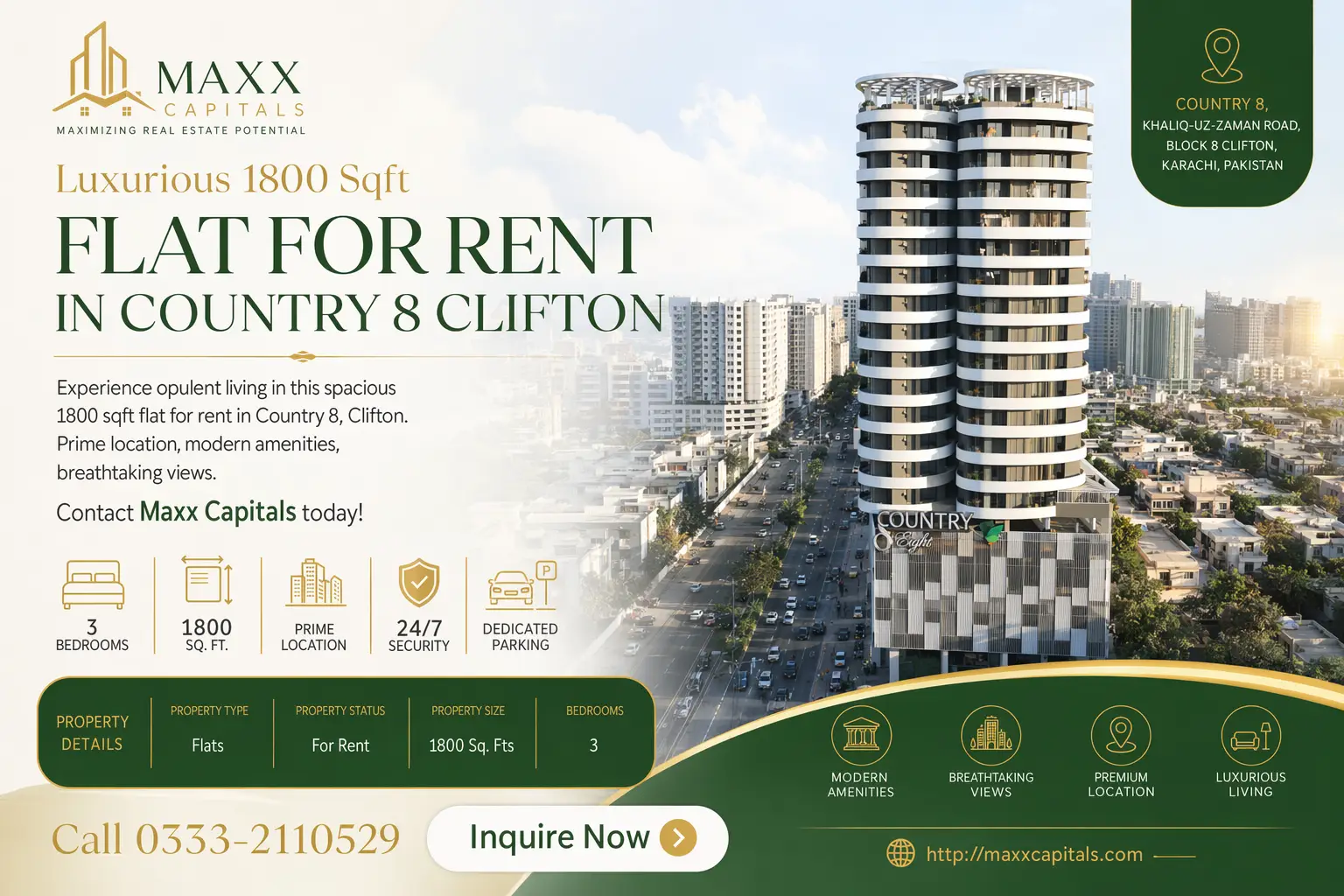 Luxurious 1800 Sqft Flat for Rent in Country 8 Clifton Block 8 Karachi