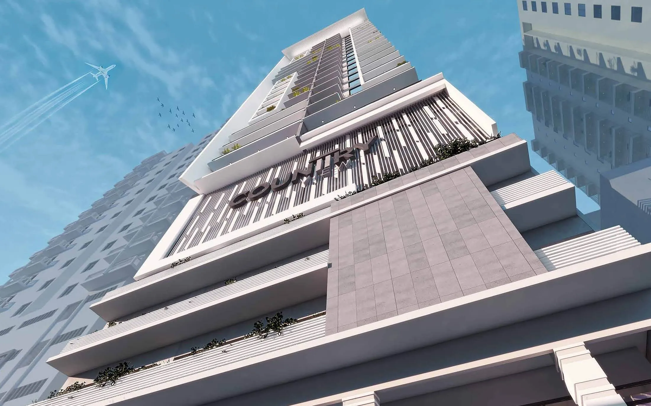 Towering modern facade of Country Naval View luxury apartments in Clifton with balconies, greenery, louvered screens, and sig