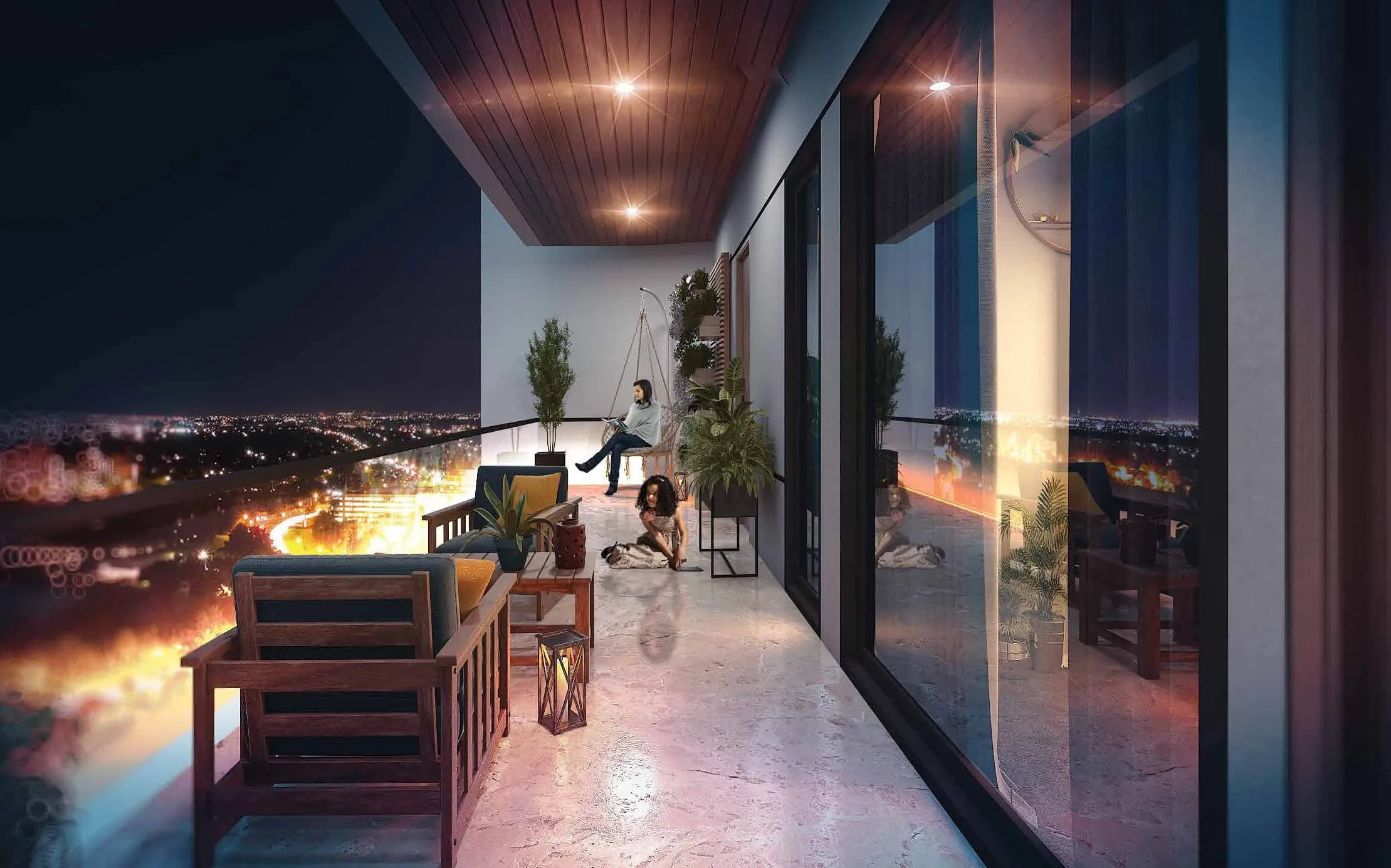 Spacious balcony in Country Naval View luxury apartments Clifton with wooden lounge chairs plants lanterns and panoramic nigh