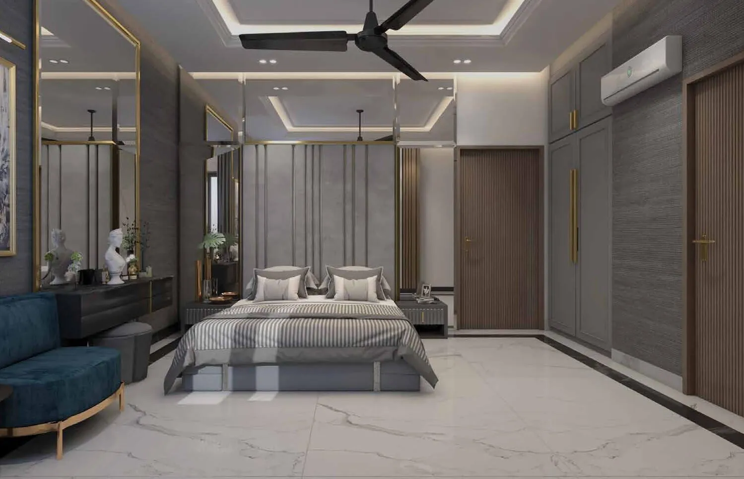 Luxurious master bedroom in Country Naval View apartments Clifton with king bed blue velvet seating mirrored walls ceiling fa
