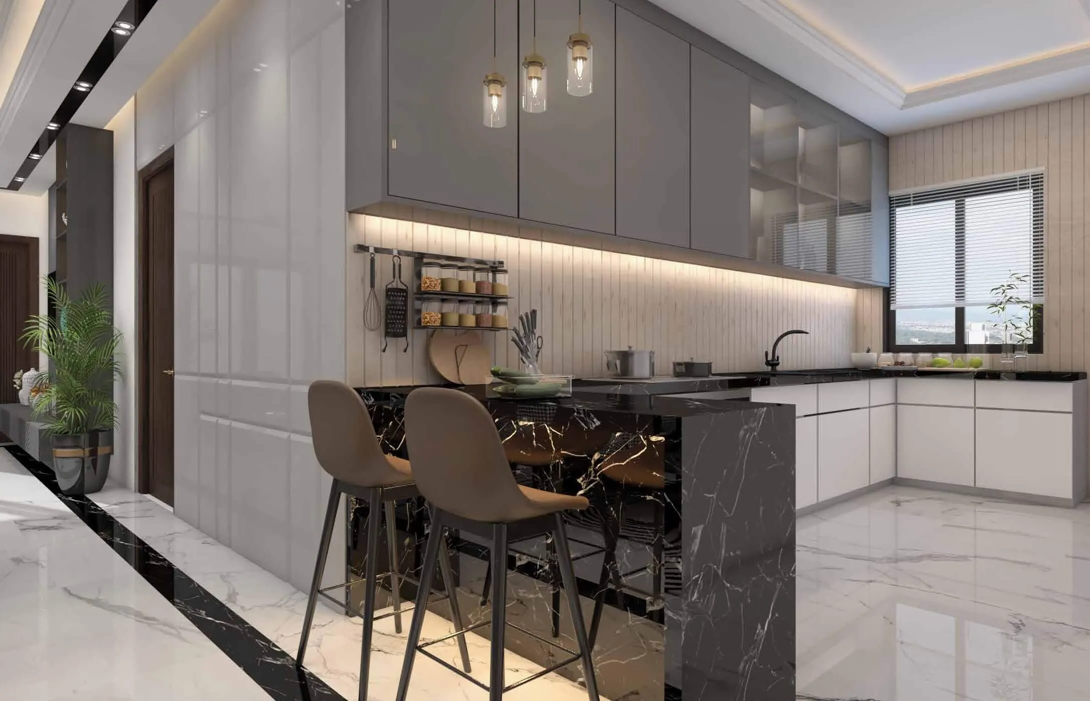 Modern kitchen in Country Naval View luxury apartments Clifton with gray cabinets, black marble island, bar stools, pendant l