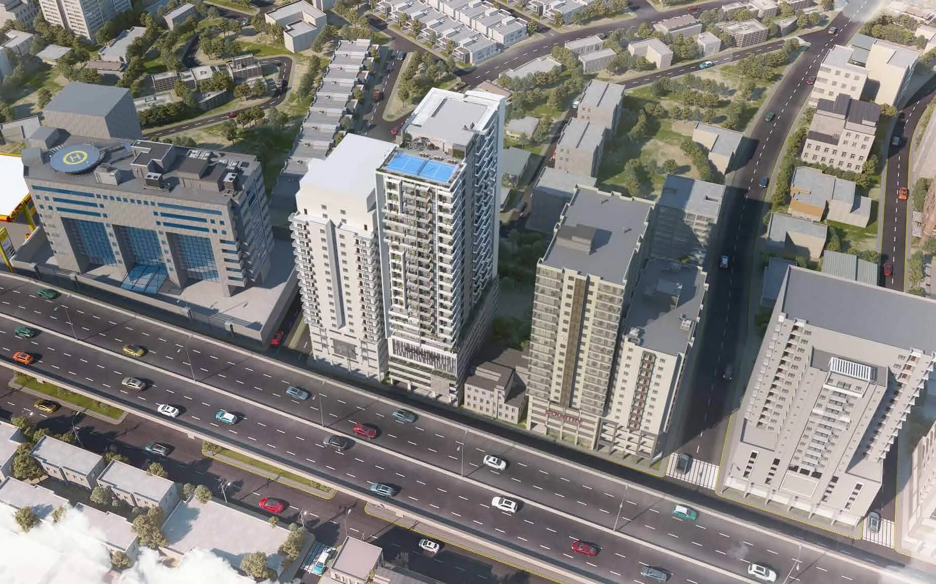Aerial view of Country Naval View luxury apartments in Clifton featuring tall modern white high-rise towers surrounded by gre