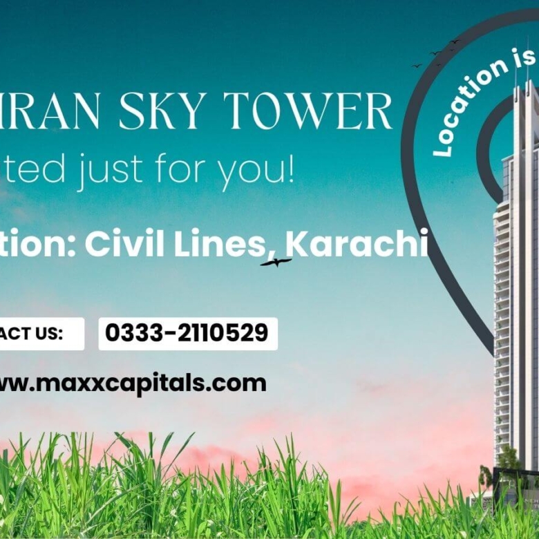 Mehran Sky Tower luxury high-rise in Civil Lines, Karachi, with sunset skyline and contact details.