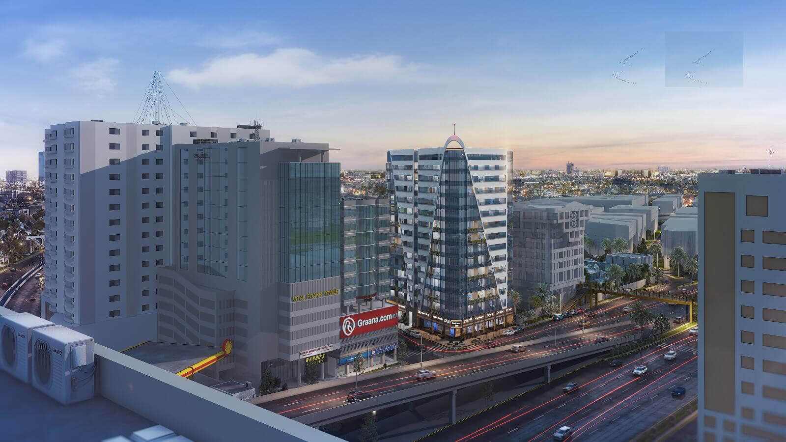 Business Bay Premium Office Investment on Shahrah-e-Faisal, Karachi (1) Aerial view of Business Bay premium office towers on Shahra-e-Faisal, Karachi, with modern high-rises, glass facades, and hig