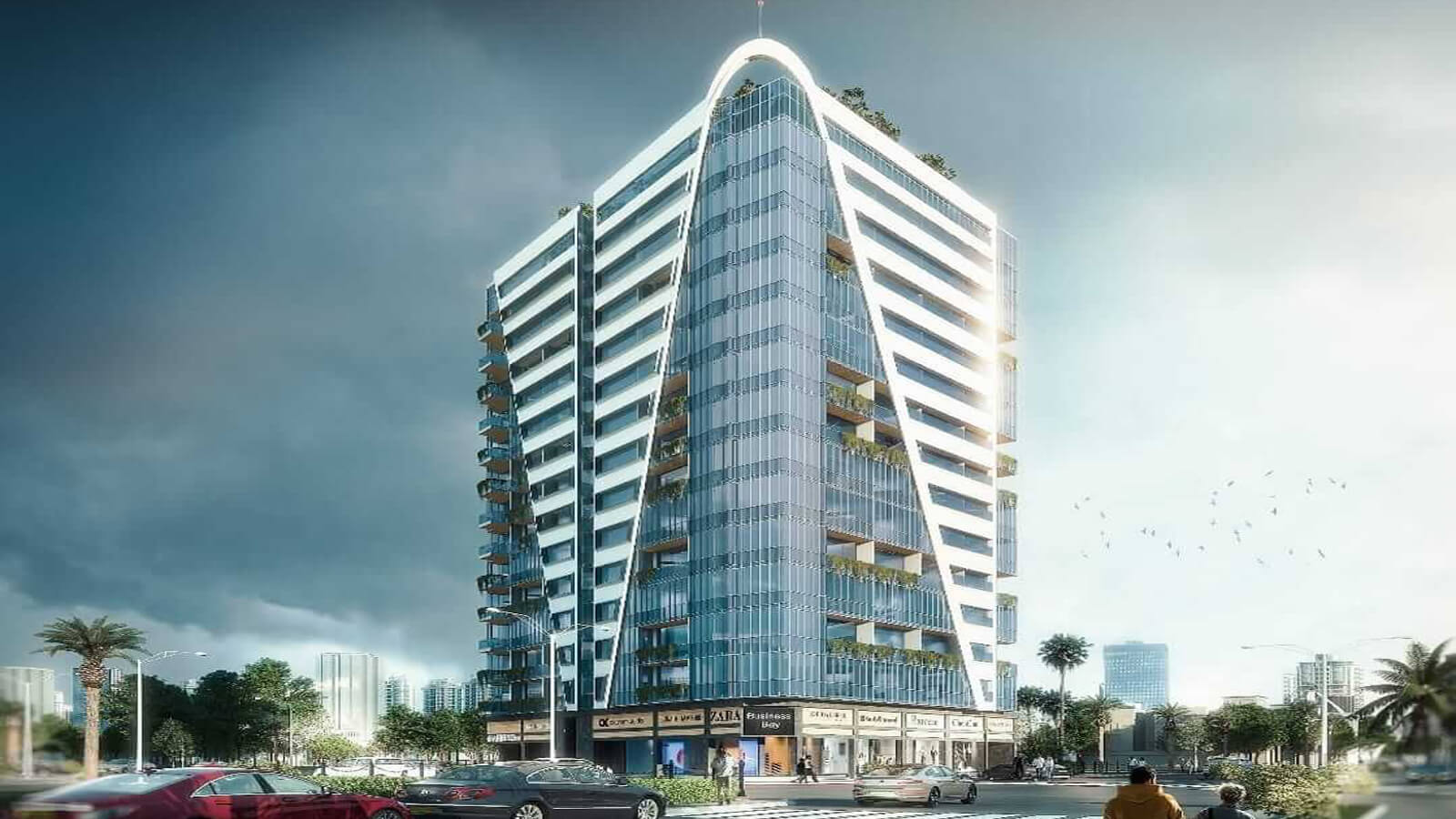 Business Bay Premium Office Investment on Shahrah-e-Faisal, Karachi (3) Modern curved glass facade of Business Bay office building on Shahra-e-Faisal, Karachi, with green balconies and palm trees