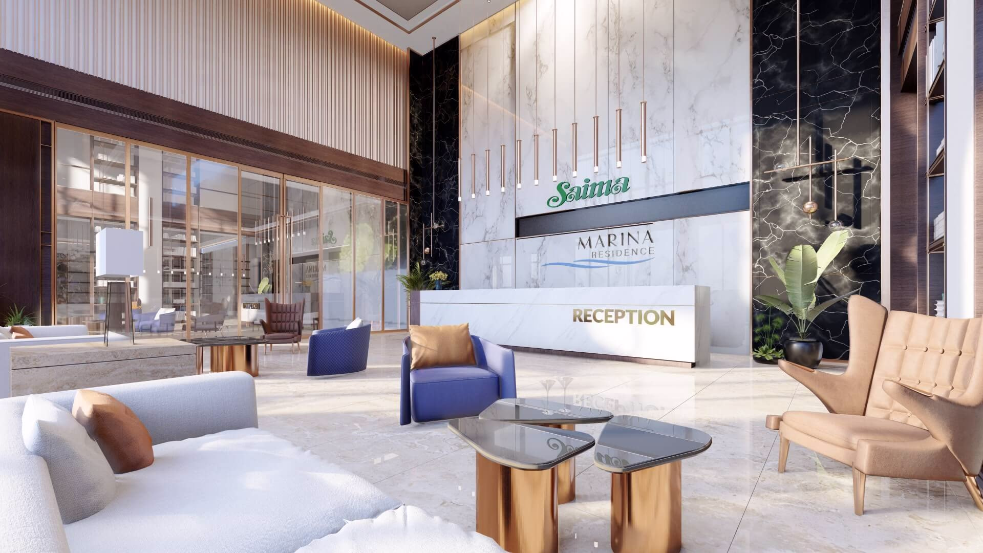 Elegant double-height lobby of Saima Marina Residence, DHA Phase 8, Karachi