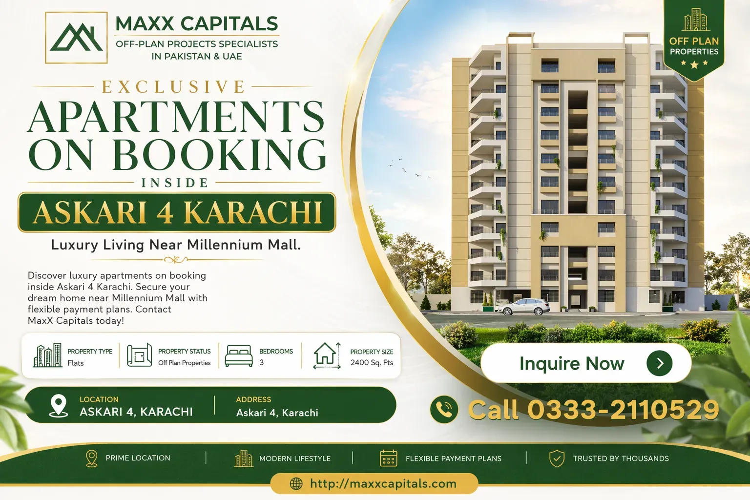 Luxurious apartments inside Askari 4 Karachi near Millennium Mall.