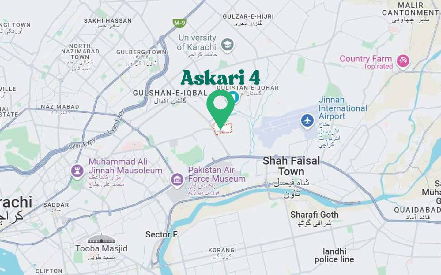 Map showing the location of exclusive apartments near Millennium Mall in Askari 4 Karachi.