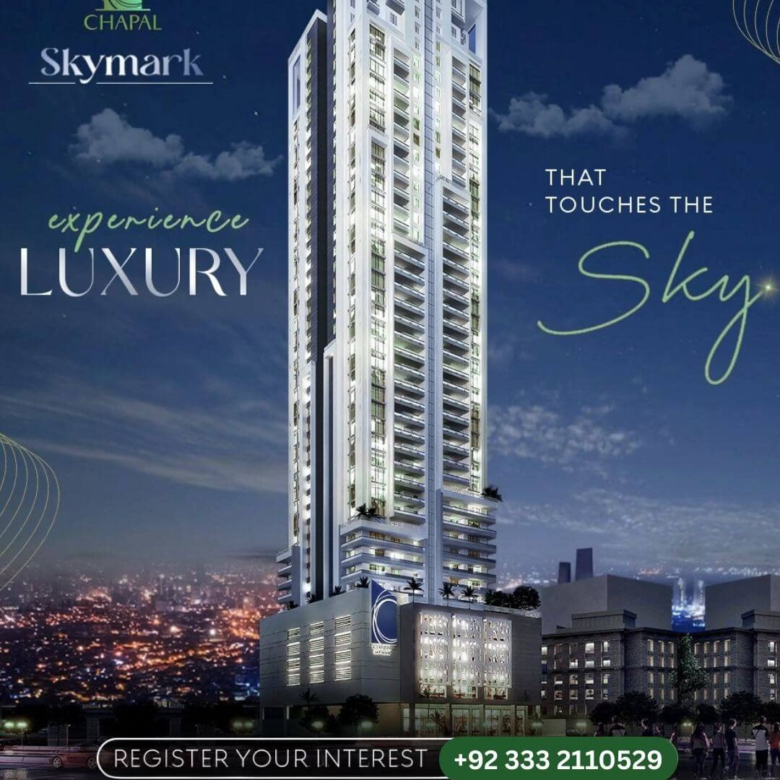 Chapal Skymark 50-storey luxury tower glowing at dusk with city skyline backdrop